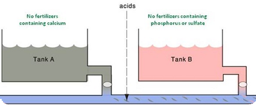 Recommended combinations of fertilizers to be dissolved in Tank A and Tank B for the preparation of stock solutions